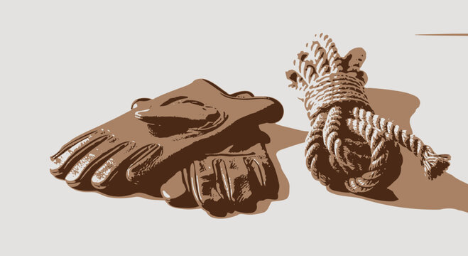 Work Gloves and Coiled Rope Illustration