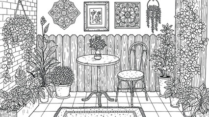 Charming sketch of a quaint outdoor bistro scene with lush vegetation and rustic decor © Graphicslover