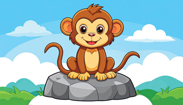 Cartoon monkey sitting on rock.