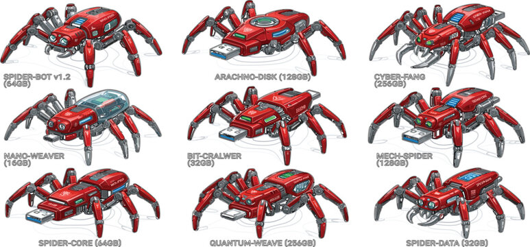 Futuristic Red Spider USB Flash Drive Collection with Cyberpunk Robot Insect Storage Devices for Tech Branding and Video Game Assets