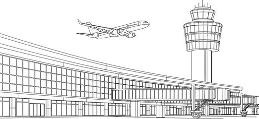 Architectural sketch of an airport terminal and control tower with a flying airplane © Graphicslover