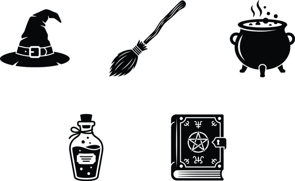 Black silhouettes of halloween witch elements including hat broom cauldron potion and spellbook on transparent background