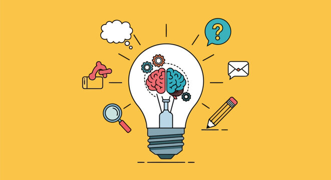 Creative light bulb concept with brain gears and business icons for innovation, brainstorming, and idea generation in a flat vector illustration style