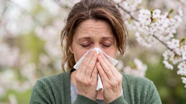 Woman blowing nose into tissue surrounded by blooming cherry blossoms. Spring pollen allergy reaction outdoors. Hay fever symptoms and seasonal asthma awareness concept for world asthma day
