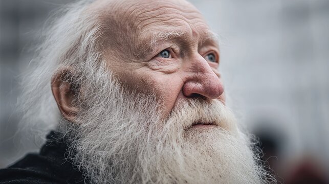 Close up portrait of an elderly man with a long white beard and deep blue eyes looking away with wisdom
