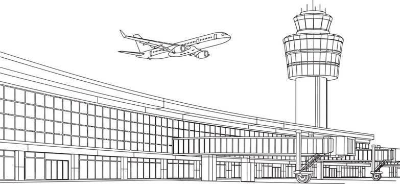 Architectural sketch of an airport terminal and control tower with a flying airplane