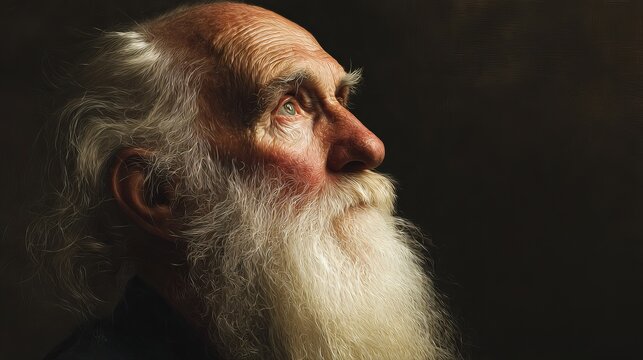 Elderly man with a long white beard and wrinkled skin looking upwards in a dramatic oil painting style portrait shot