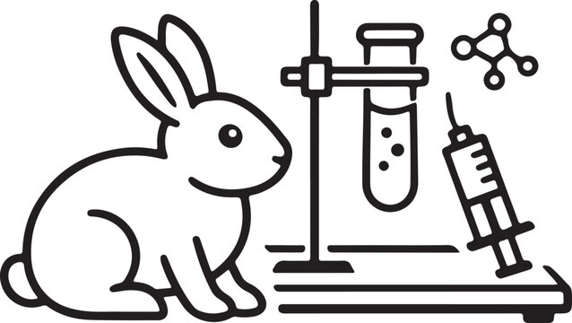 Black vector line illustration of a rabbit beside a testing platform, research and laboratory symbol.