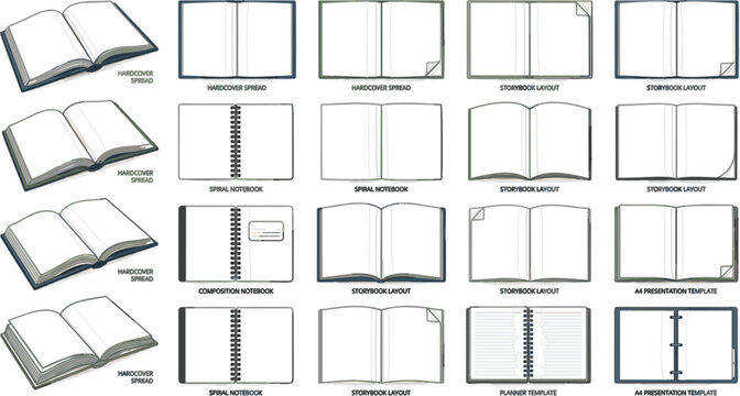 Open Book Mockup and Notebook Layout Icon Set with Spiral Planner Storybook and Presentation Templates for Editorial Publishing and Education Vector Graphics