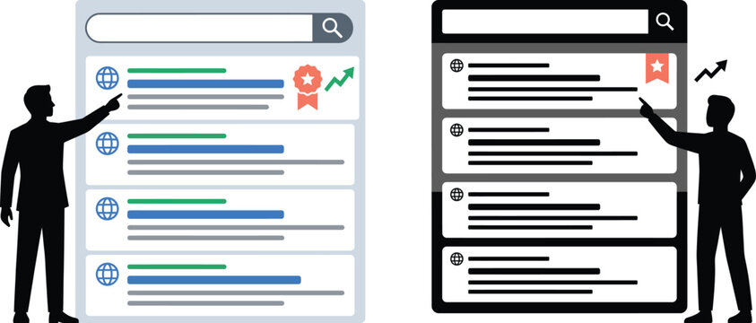 Silhouette of a businessman pointing at search engine result pages on a digital interface showing high website rankings and top performance with a star badge and upward growth arrow.