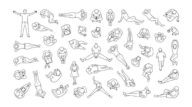 Architectural people top view vector set, minimalist line art figures for floor plans, overhead human silhouettes for site map rendering
