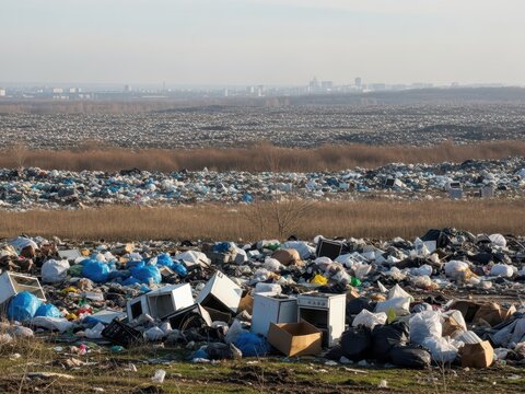 Environmental pollution and waste management concept, a massive landfill site with piles of garbage and household appliances near a city skyline