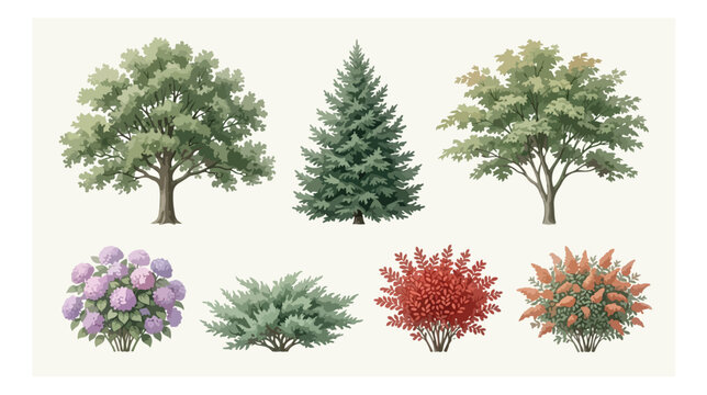 Vintage botanical tree and shrub collection, set of 7 detailed garden plant vectors, hand drawn style evergreen and deciduous foliage for landscape design