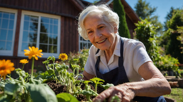 Smiling elderly gardener harvesting vegetables in a lush organic garden surrounded by blooming sunflowers near a rustic farmhouse