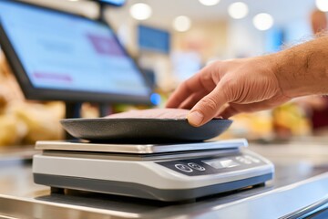 Fototapeta premium A customer's hand places a tray of raw meat onto a digital scale in a supermarket deli.