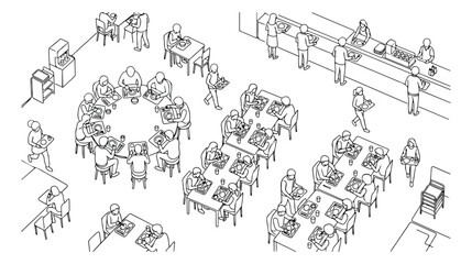 Obraz premium Isometric line art of a busy cafeteria, crowded food court with people eating at tables, minimalist restaurant interior vector illustration