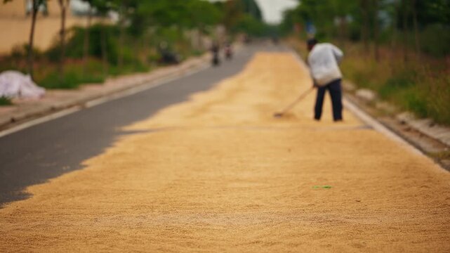 Rice harvesting process in Vietnam's rural landscape, farmer drying.