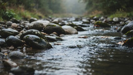 Fototapeta premium Tranquil Stream Flow with Smooth Rocks in Forested Natural Setting