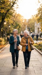 Obraz premium Image of two senior women walking arm in arm on a cobblestone path in a park during autumn, bathed in warm sunlight