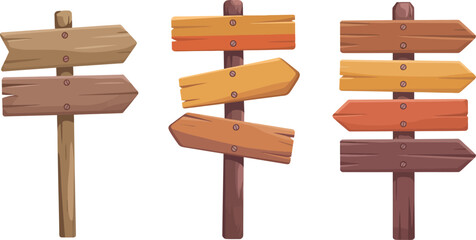 Rustic wooden, directional signpost set, blank arrow sign boards mounted on wooden poles for wayfinding guidance outdoor parks and custom display purposes. © Miah