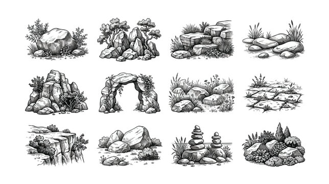 Vintage hand drawn rock and stone set, 12 nature landscape elements vector, engraved boulder and cliff illustrations for outdoor maps and fantasy games