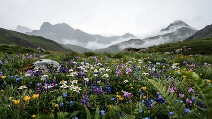 Obraz premium Vibrant alpine wildflower meadow with misty mountains and rolling hills in springtime