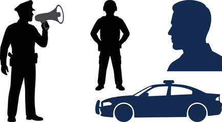 Police Officer Silhouette Vector Set with Cruiser Patrol Car, Officer Profile, Megaphone Communication, and Tactical Guard for Law Enforcement Designs © MdRaisul