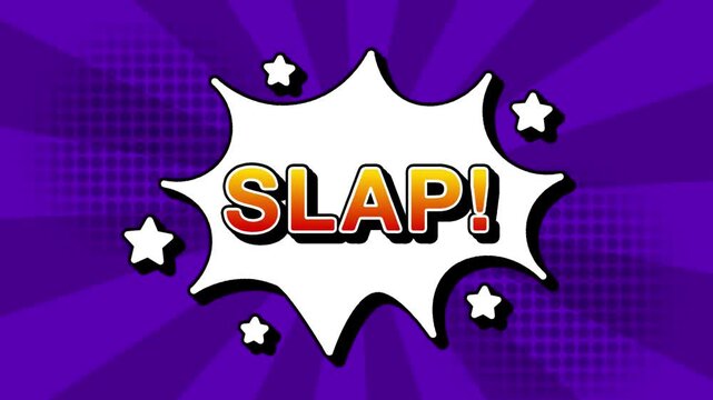 Slap text word lettering popup comic cartoon reveal with bomb and smoke explosion manga anime book page dots with radial speed lines doodle violet background with seamless loop animation retro clip