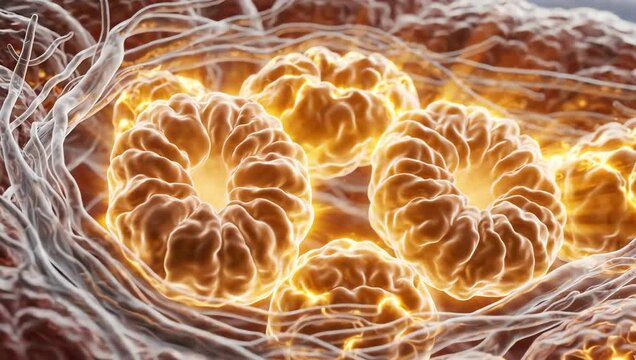Mitochondria restoring cellular energy inside recovering muscle cells, glowing energy pulses spreading gradually through transparent biological structures