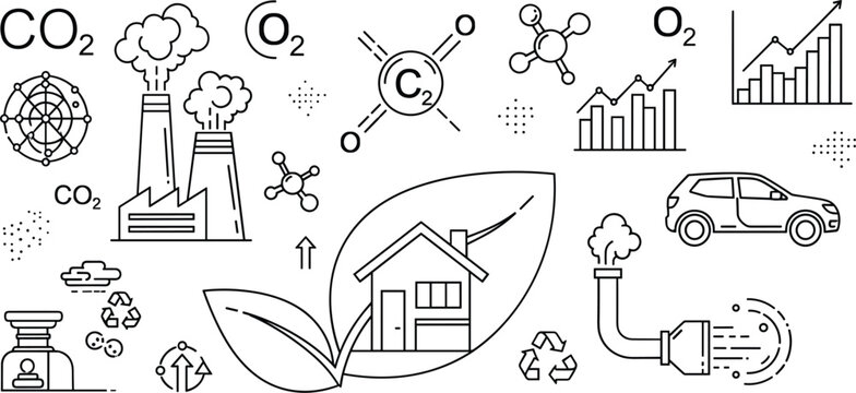 Carbon emissions climate change line art vector icon set with eco house leaf factory car and data charts