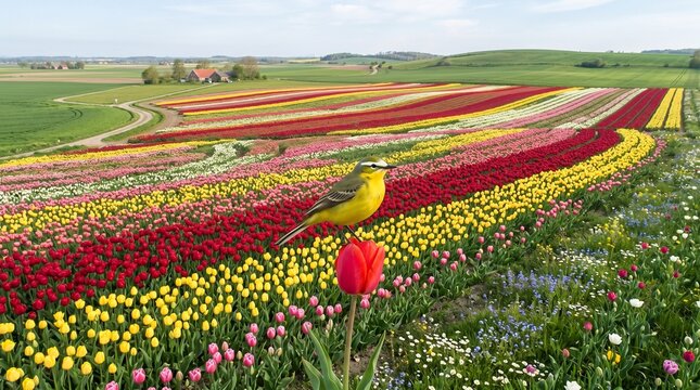 A vibrant Western Yellow Wagtail (Motacilla flava) perched delicately atop a flower.