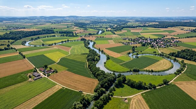 A sprawling agricultural landscape composed of patchwork farming plots and a small rural village
