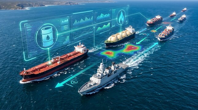 Digital monitoring of maritime logistics and cargo ships at sea with data analytics and thermal heat mapping visualization
