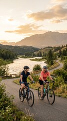 Fototapeta premium Two woman bicycling down a path next to a river in the sunset