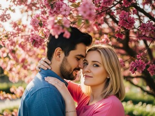 Fototapeta premium A romantic couple embracing under a blooming cherry blossom tree in spring, capturing a tender and intimate moment in nature