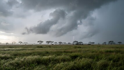 Fototapeta premium Vast African Savanna Under Dark Stormy Sky with Tall Grass and Scattered Trees