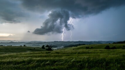 Fototapeta premium Dramatic Landscape with Lightning Storm Over Rolling Hills and Clouds