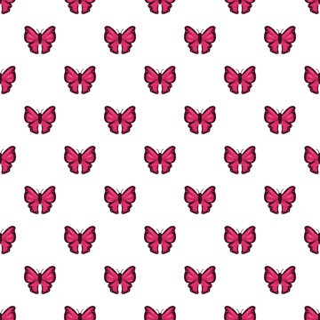 Repeating vibrant pink butterflies forming a decorative seamless pattern on a white background