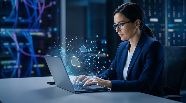 Professional female it specialist working on a laptop with holographic cloud computing network interface in a server room