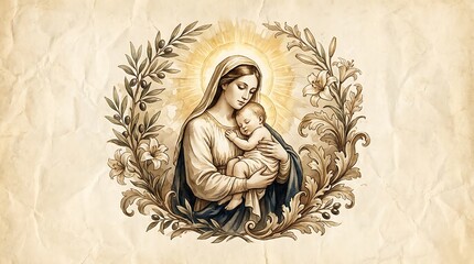 Fototapeta premium Vintage style illustration of the virgin mary holding baby jesus, surrounded by a decorative floral wreath of lilies and olive branches