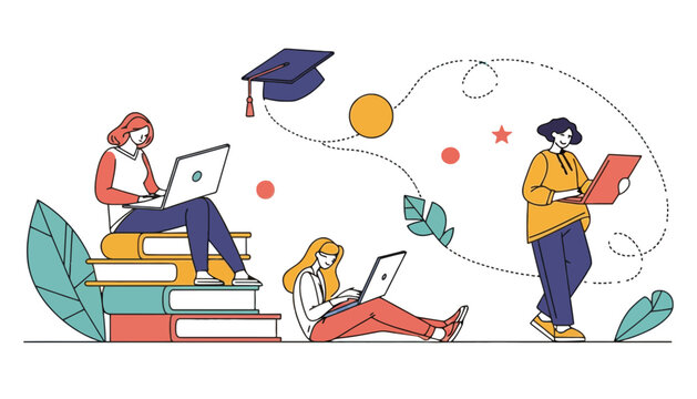Students studying with laptops online education, e learning