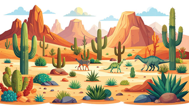 Dinosaurs in desert landscape scene.