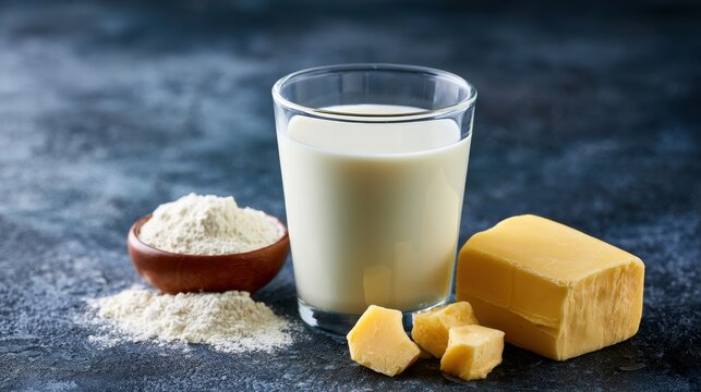 B?chamel sauce ingredients flour milk and butter on dark stone surface