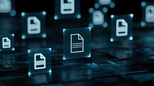 Digital file icons on glass tiles for data management concept.