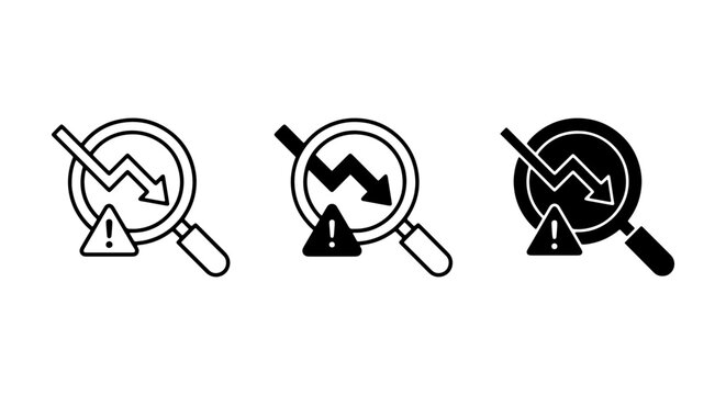 Magnifying Glass with Downward Trend Arrow and Warning Icon, Financial Analysis, Business Decline, Data Research Set