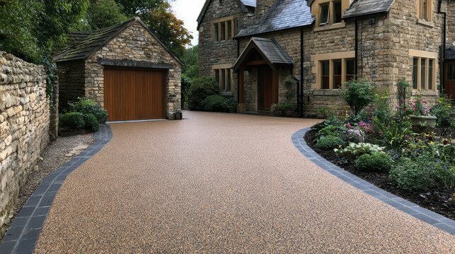 Elegant Resin-Bound Gravel Driveway Leading to a Traditional Stone House and Garage with a Well-Kept Garden