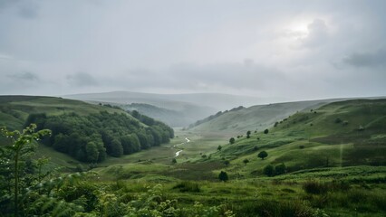 Fototapeta premium Scenic green valley with rolling hills, river, and cloudy sky in a peaceful landscape