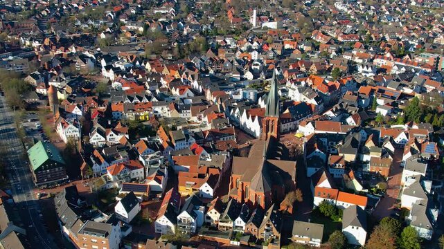 Aerial view beside the old town above the city  Haltern am See in north Germany, on a sunny noon in autumn.