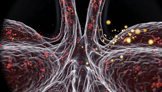Inflammation markers slowly fading from muscle tissue during recovery, glowing stress particles dissolving gently into healthy transparent biological structures
