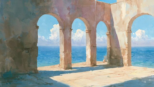 地中海風アーチ回廊から望む青い海 水彩イラスト 背景素材